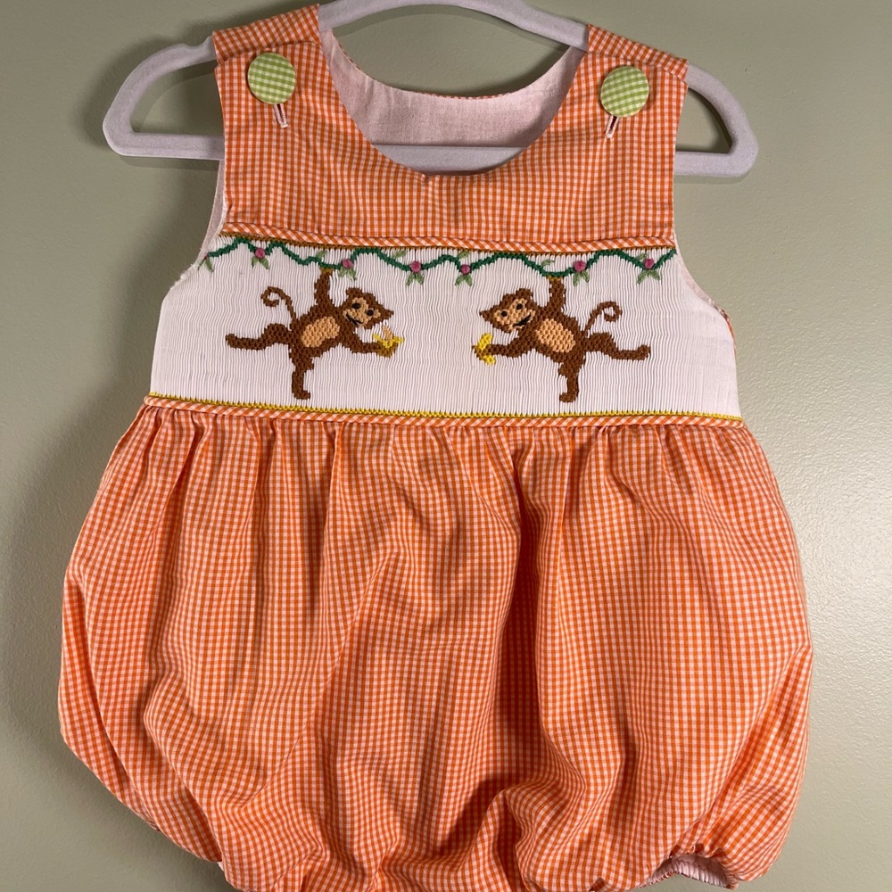 Children's Orange Gingham Monkey Smocked One-Piece Bodysuit